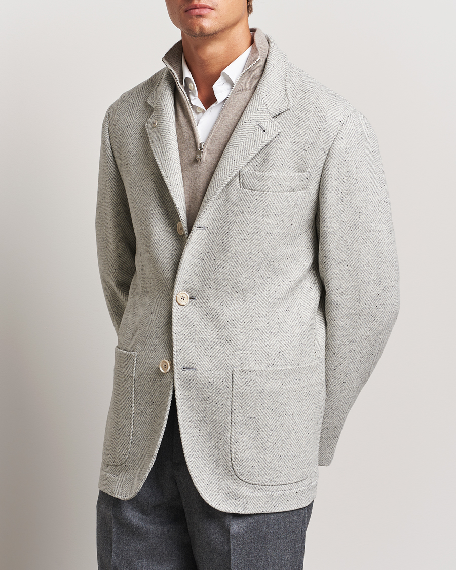 Hombres | Luxury Classics | Brunello Cucinelli | Cashmere Herringbone City Jacket Pearl Grey