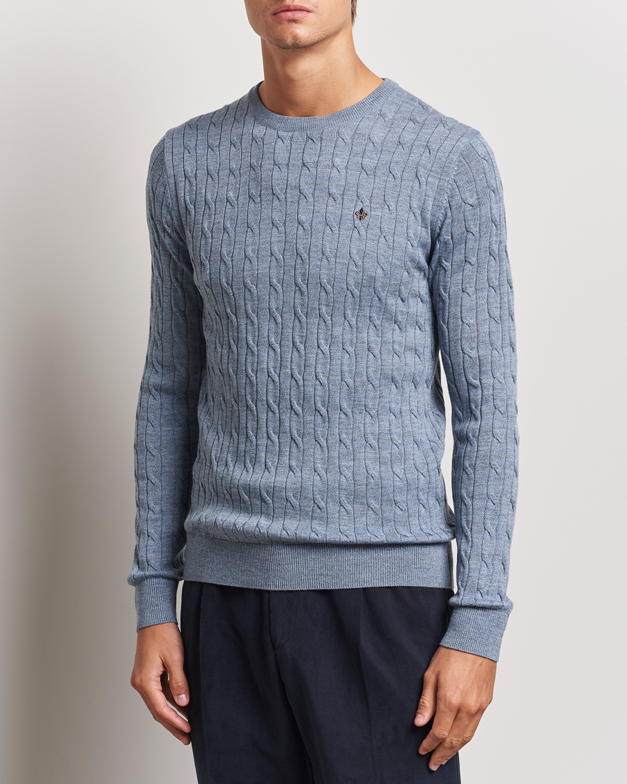 Hombres | Business & Beyond - Casual | Morris | Merino Cable O-Neck Light Blue