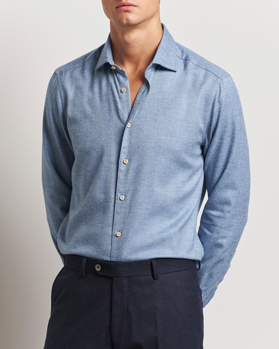 Hombres |  | Stenströms | Slimline Brushed Cotton/Lyocell Cut Away Shirt Blue