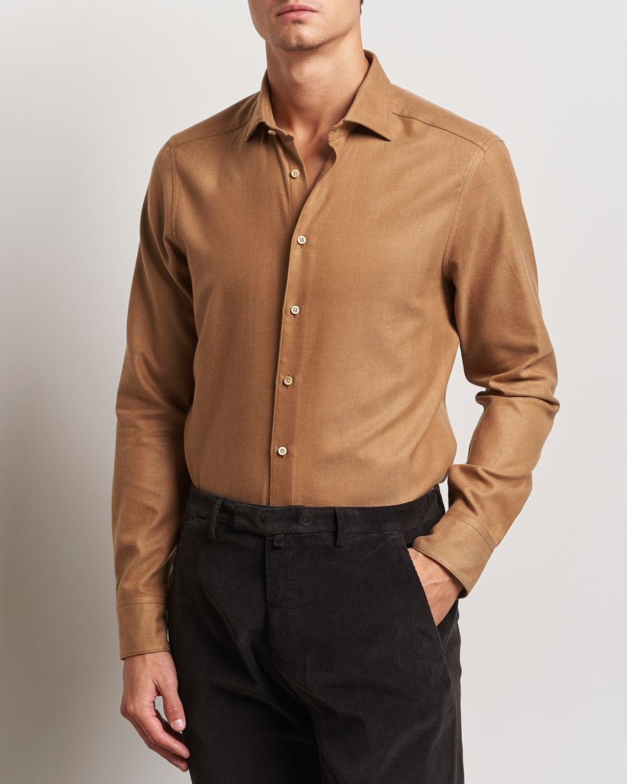 Hombres |  | Stenströms | Slimline Brushed Cotton/Lyocell Cut Away Shirt Brown