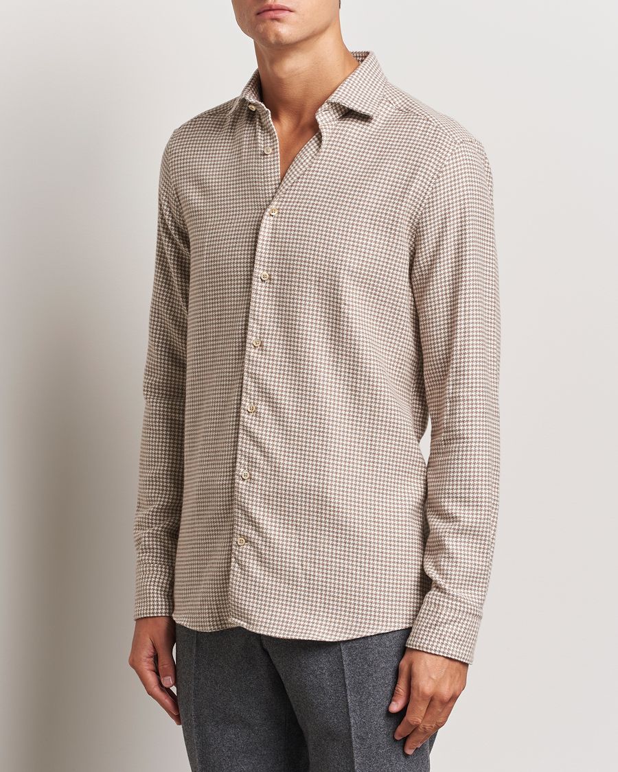 Hombres |  | Stenströms | Slimline Flannel Houndstooth Shirt Light Brown