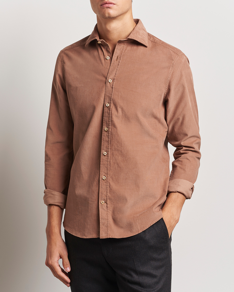 Hombres |  | Stenströms | Slimline Cut Away Cord Shirt Light Brown