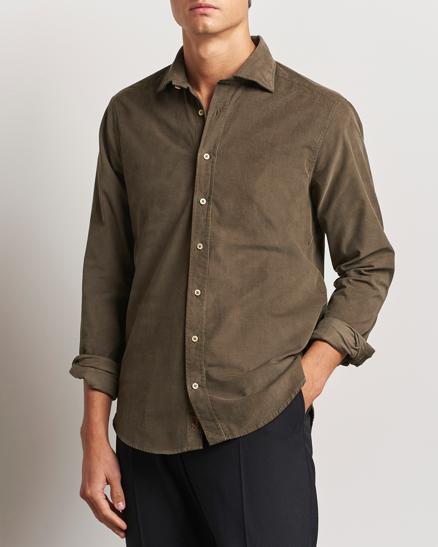 Hombres |  | Stenströms | Slimline Cut Away Cord Shirt Dark Green