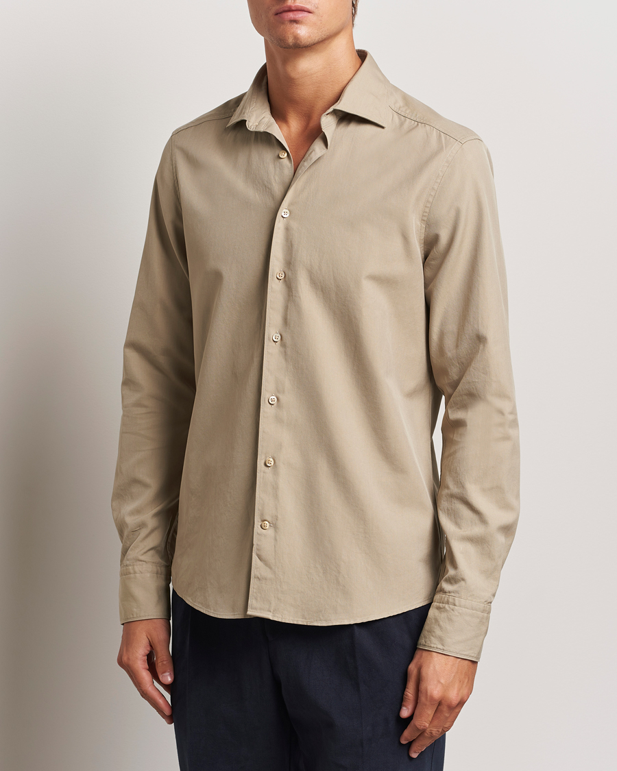 Hombres |  | Stenströms | Slimline Cut Away Washed Twill Shirt Beige