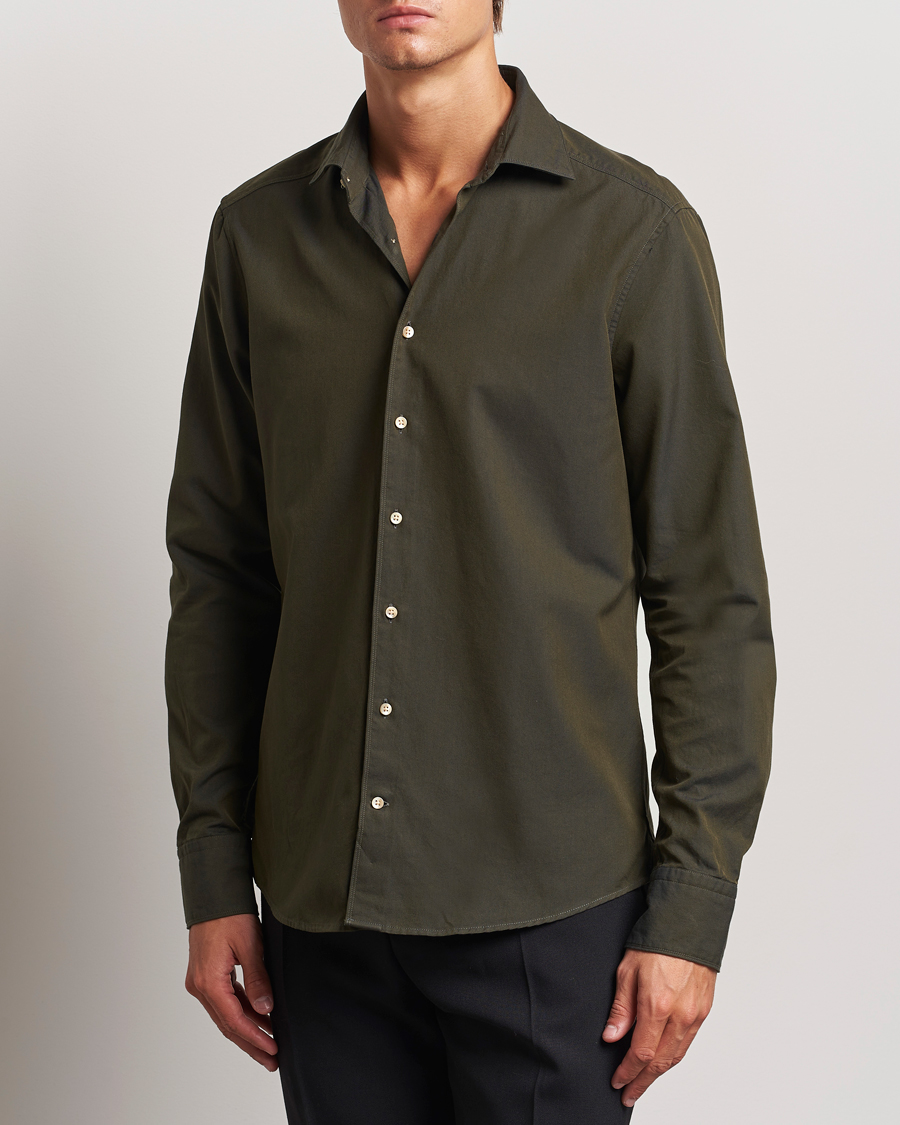 Hombres |  | Stenströms | Slimline Cut Away Washed Twill Shirt Dark Green