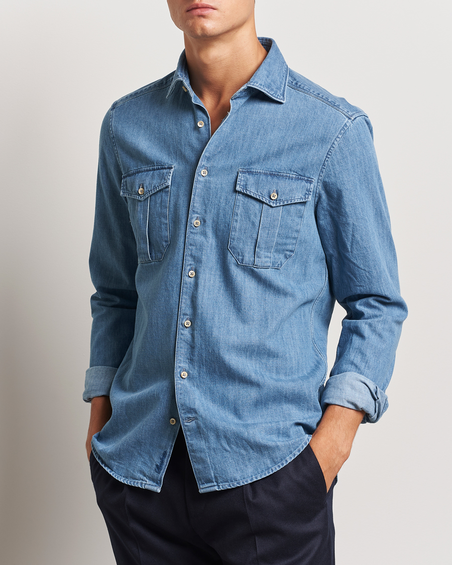 Hombres |  | Stenströms | Slimline Double Pocket Denim Shirt Blue