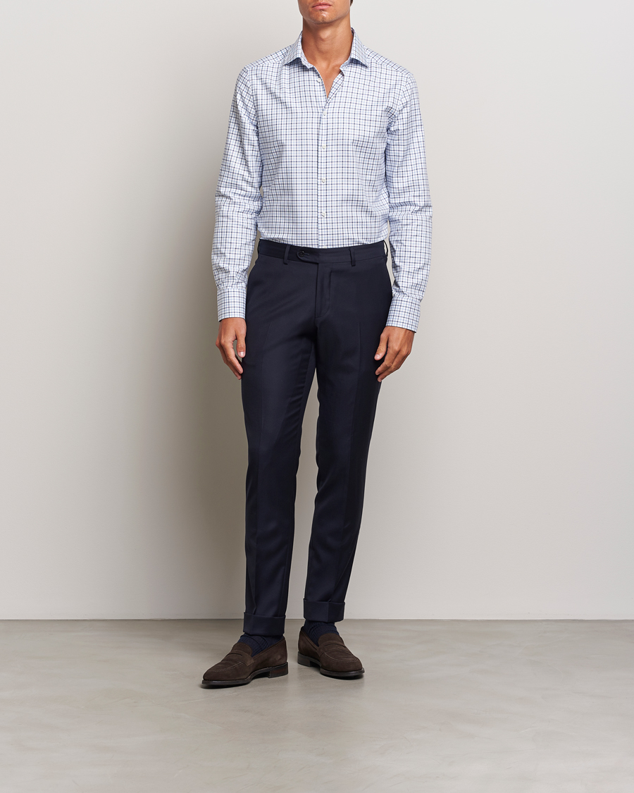 Hombres |  | Stenströms | Slimline Small Checked Cut Away Shirt Blue