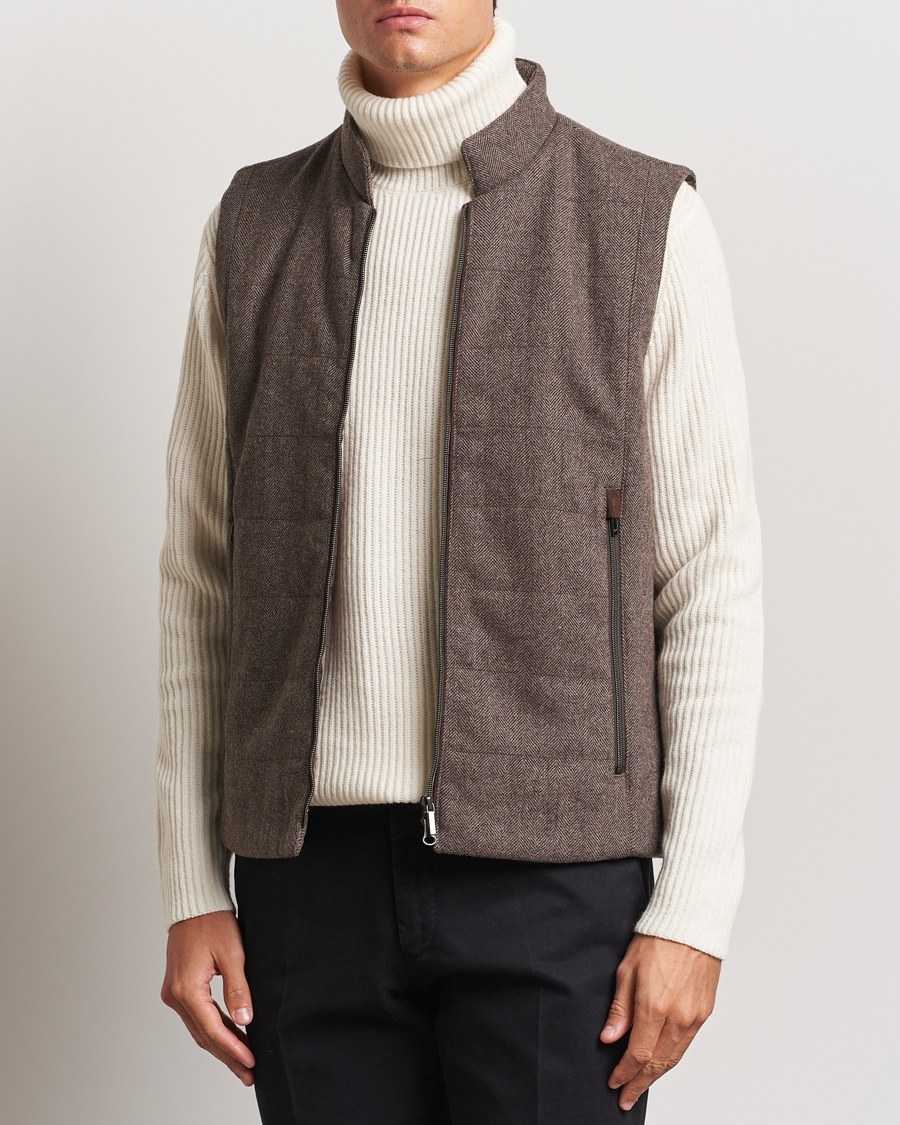 Hombres |  | Stenströms | Alcantara Detail Herringbone Wool Vest Dark Brown