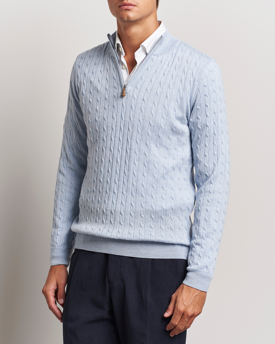 Hombres |  | Stenströms | Merino Cable Half Zip Light Blue