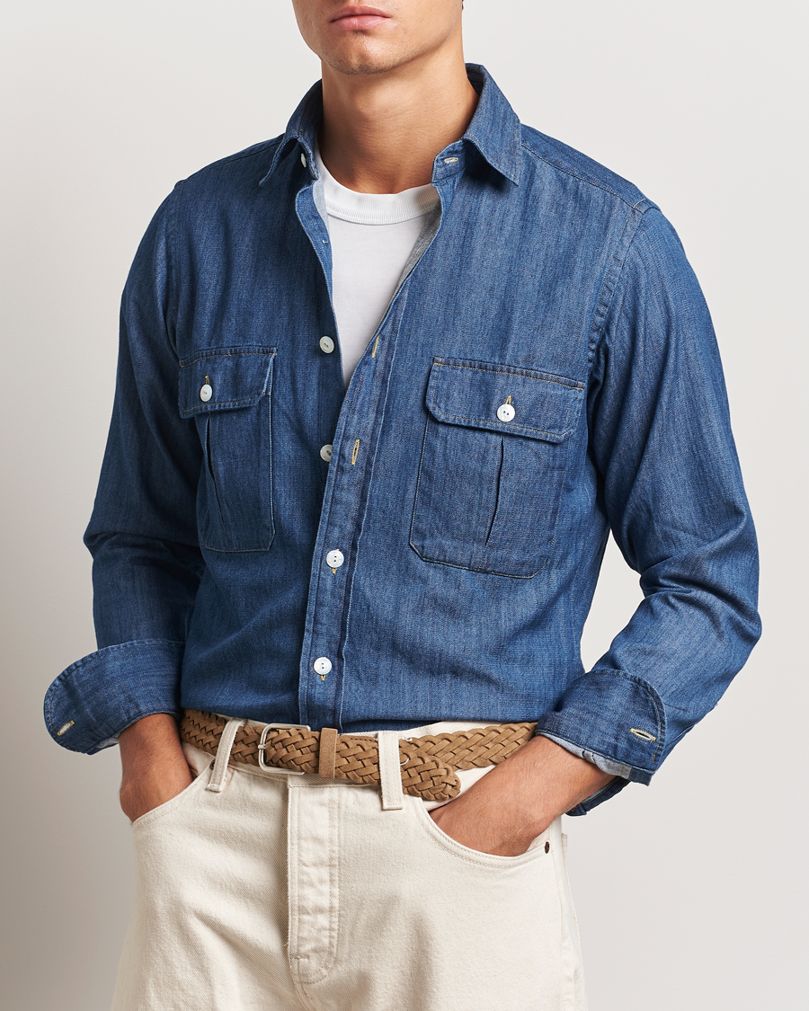 Hombres |  | Drake\'s | Denim Cotton Two Pocket Work Shirt Mid Blue