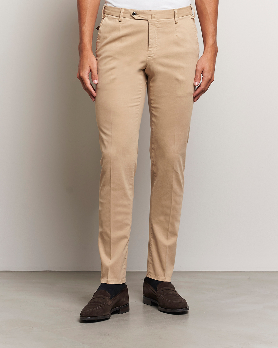 Hombres |  | PT01 | Slim Fit Pleated Cotton Trousers Beige