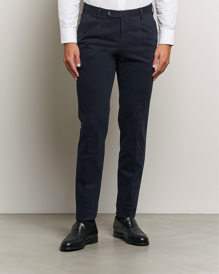 Hombres |  | PT01 | Slim Fit Pleated Cotton Trousers Navy