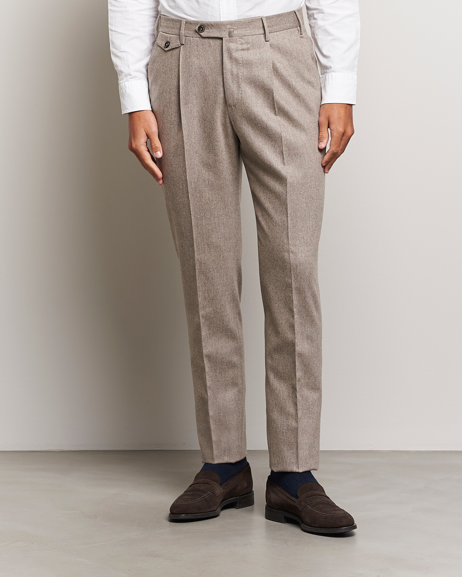 Hombres |  | PT01 | Slim Fit Pleated Wool/Cashmere Trousers Beige