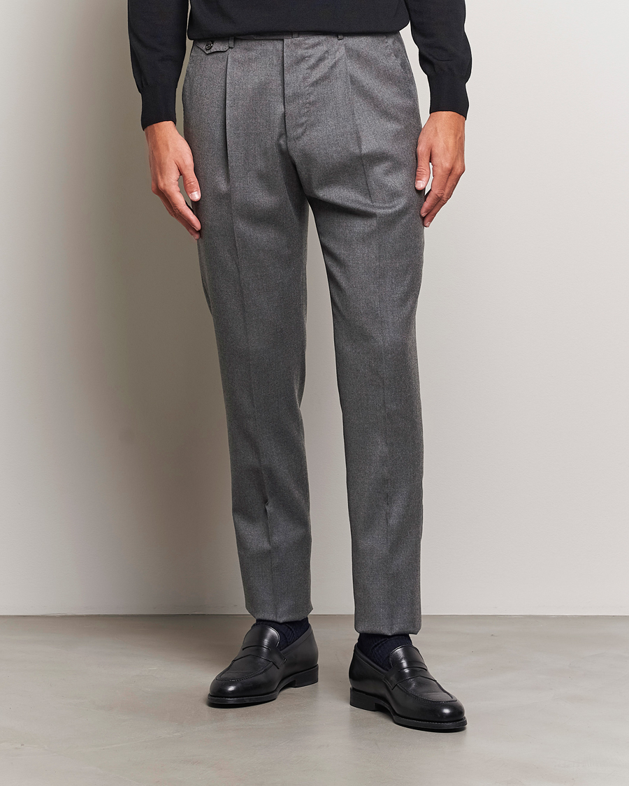 Hombres |  | PT01 | Slim Fit Pleated Flannel Trousers Grey Melange