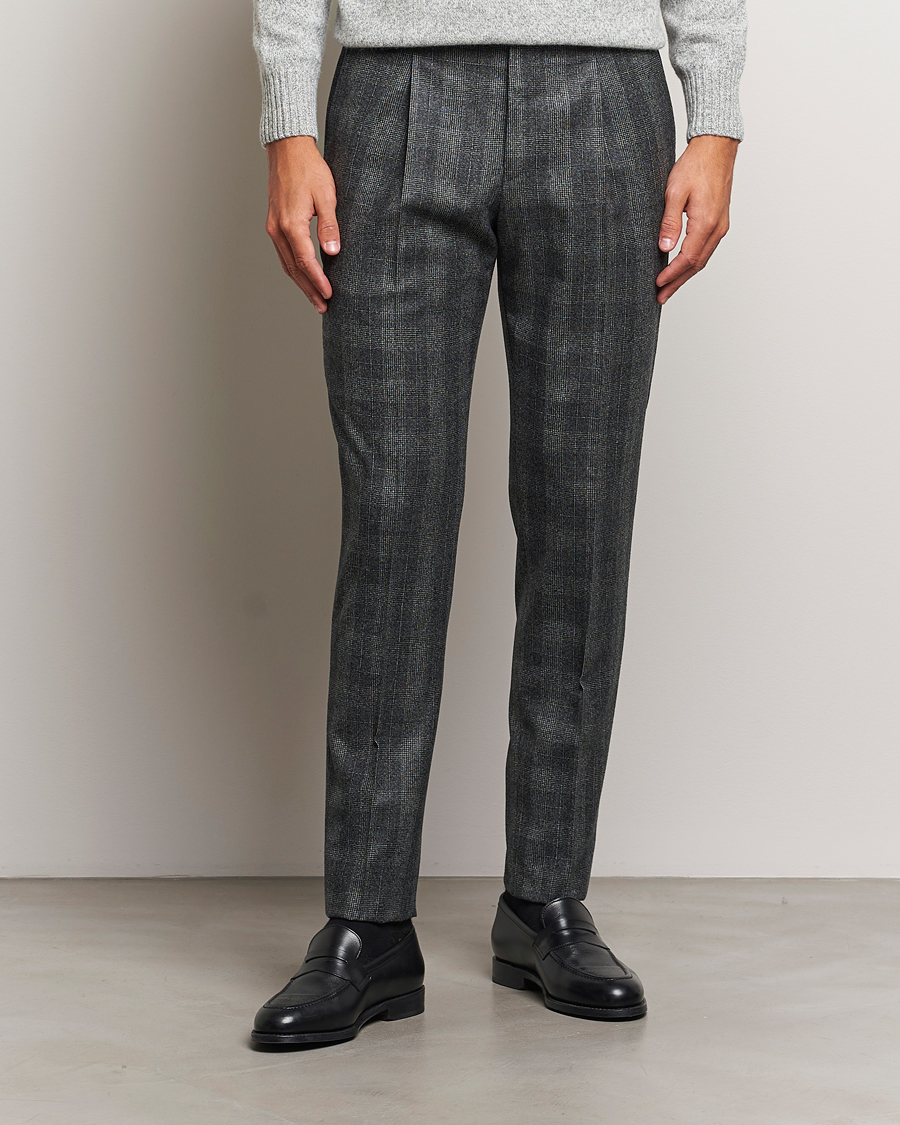 Hombres |  | PT01 | Slim Fit Pleated Checked Flannel Trousers Grey