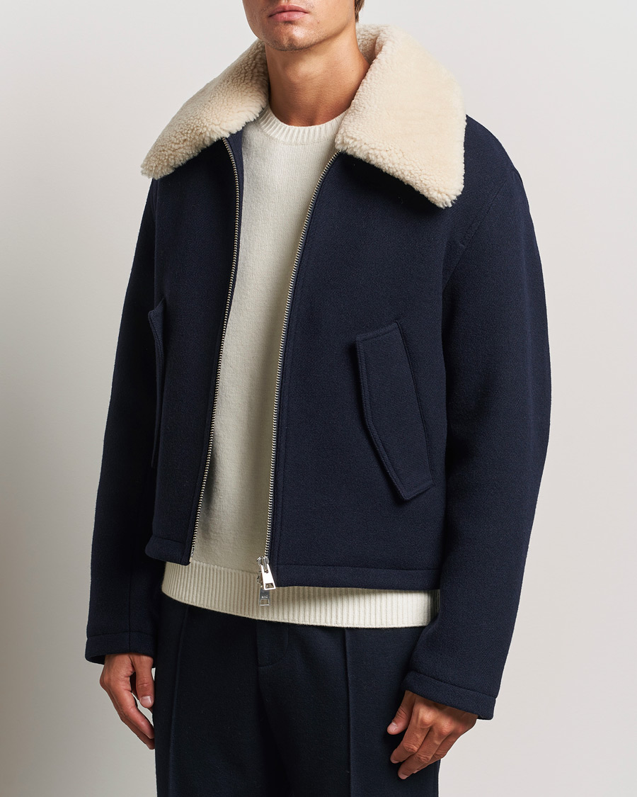 Hombres | Contemporary Creators | AMI | Wool Shearling Bomber Jacket Navy