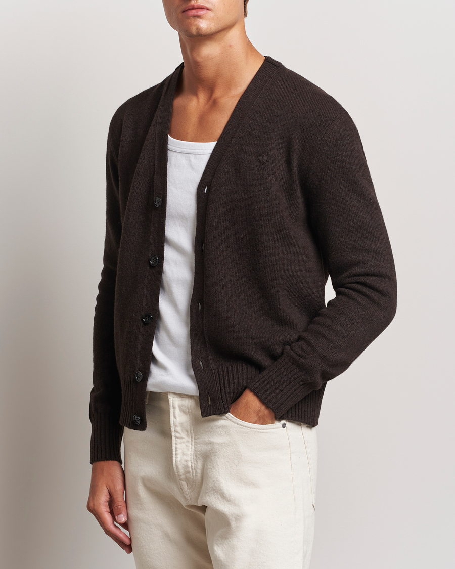 Hombres |  | AMI | Tonal Heart Logo Wool Cardigan Dark Coffee