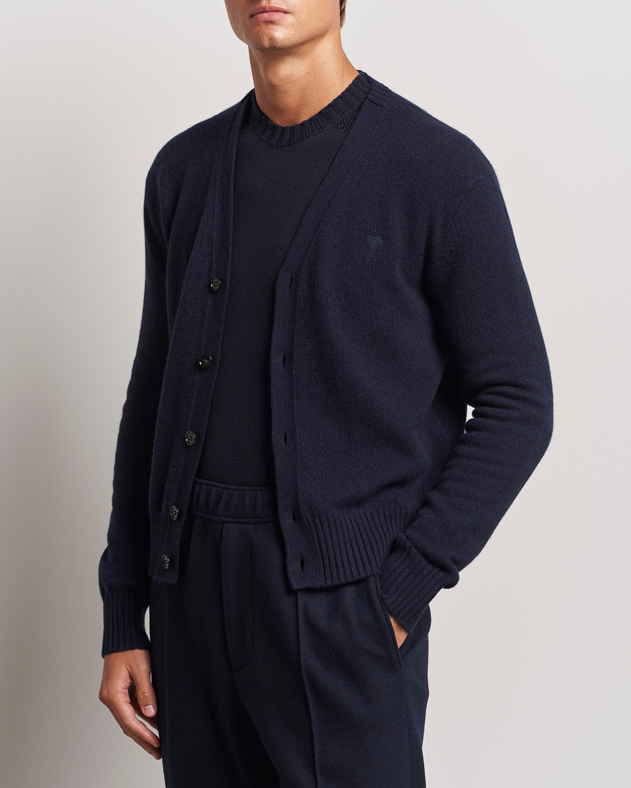 Hombres |  | AMI | Tonal Heart Logo Wool Cardigan Navy