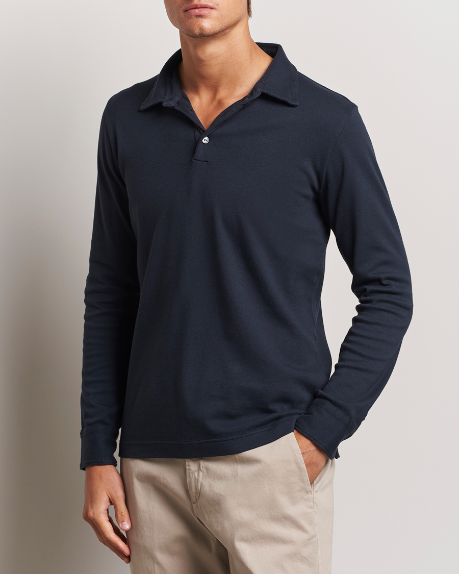 Hombres | Polos | Zanone | Heavy Jersey Long Sleeve Polo Navy