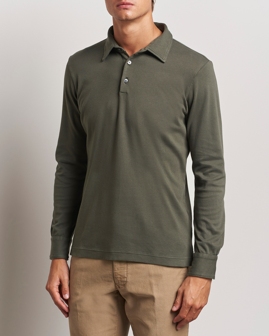 Hombres | Polos | Zanone | Heavy Jersey Long Sleeve Polo Olive