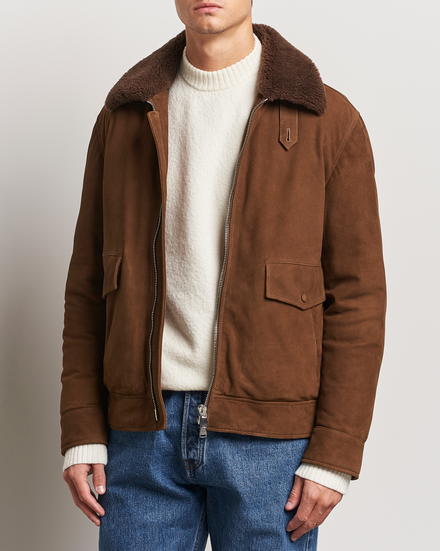 Hombres |  | Valstar | Goose Down Shearling Flight Jacket Brown Suede