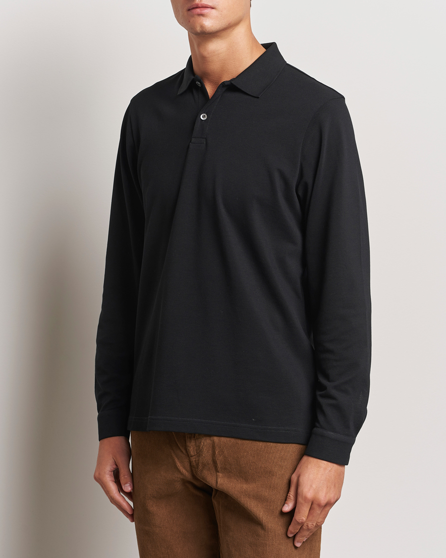 Hombres |  | Sunspel | Long Sleeve Pique Poloshirt Black