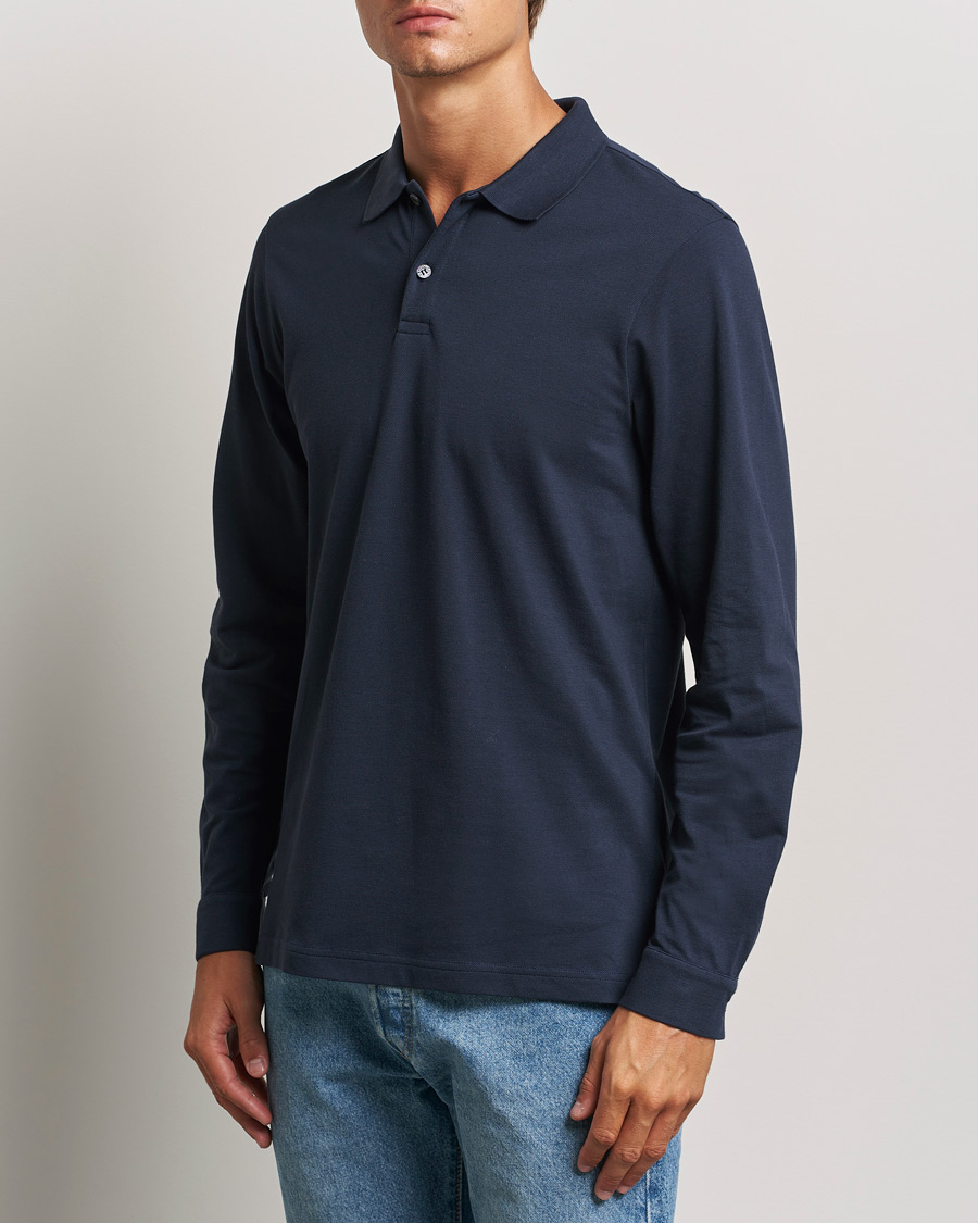 Hombres |  | Sunspel | Long Sleeve Pique Poloshirt Navy