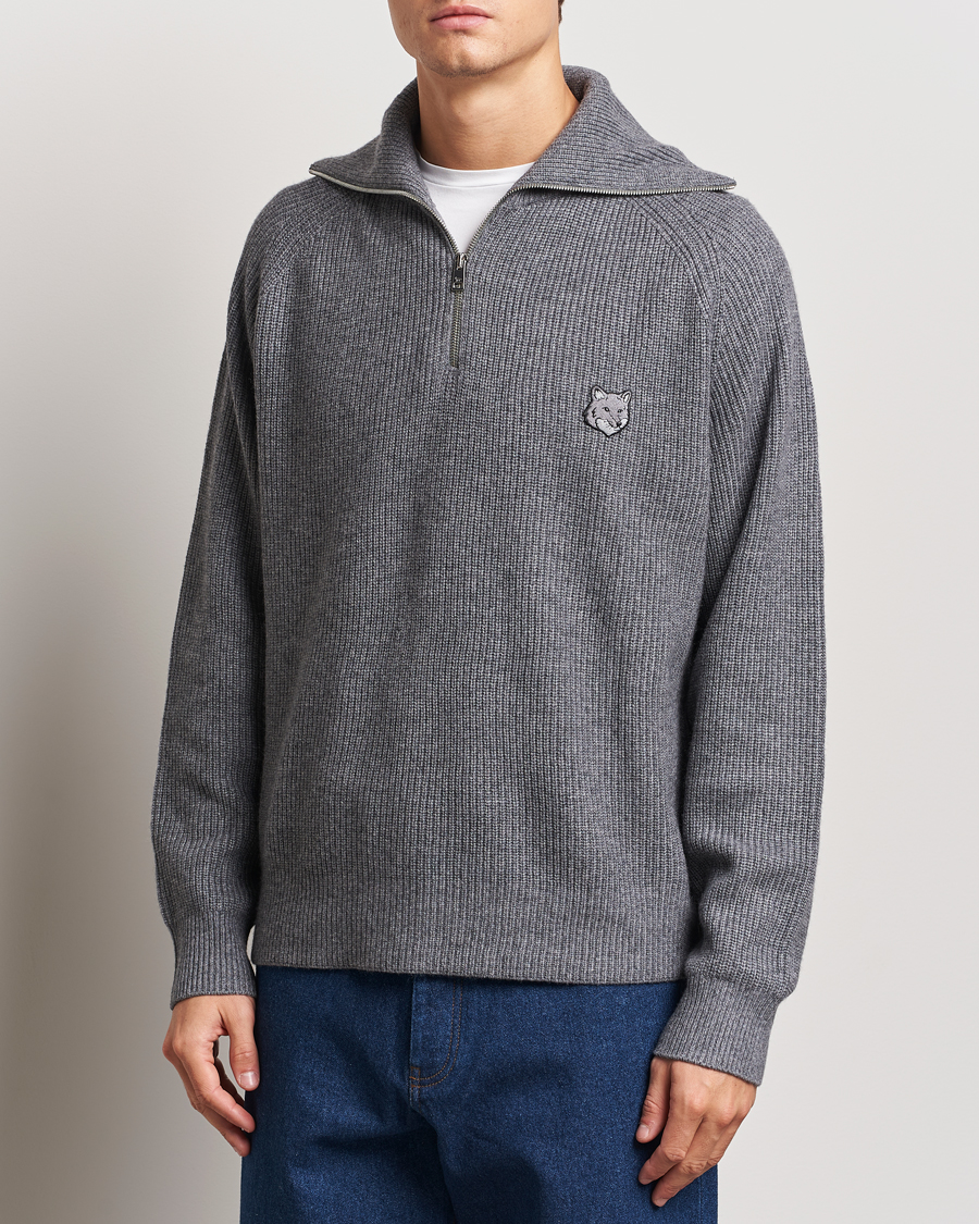 Hombres |  | Maison Kitsuné | Bold Fox Rib Knitted Half Zip Medium Grey Melange