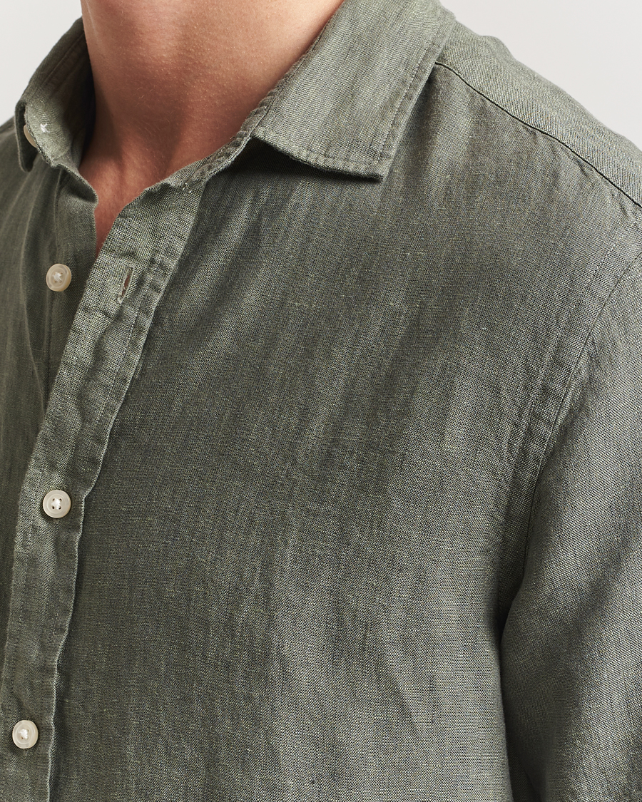 Hombres | Camisas | Charles Tyrwhitt | Pure Linen Short Sleeve Slim Fit Shirt Olive