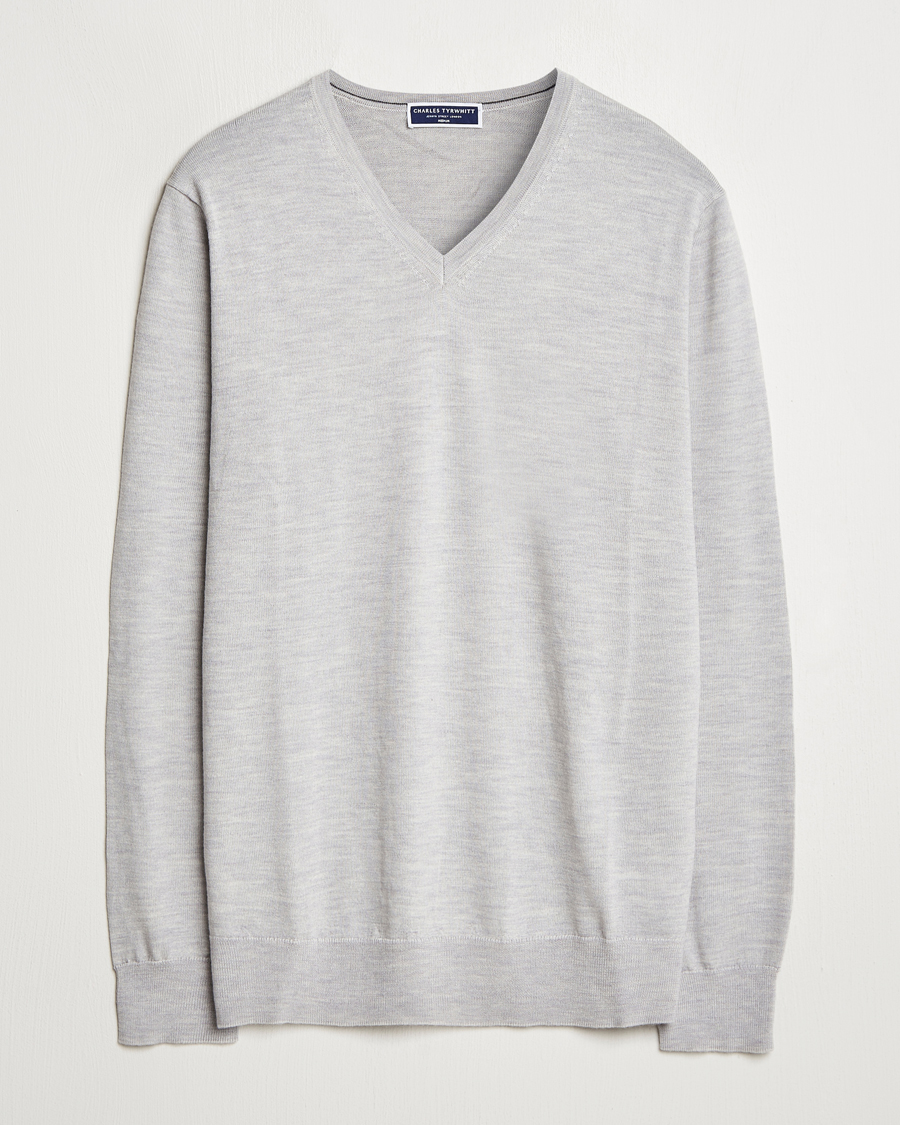 Hombres | Jerséis y prendas de punto | Charles Tyrwhitt | Pure Merino V-Neck Jumper Silver Grey