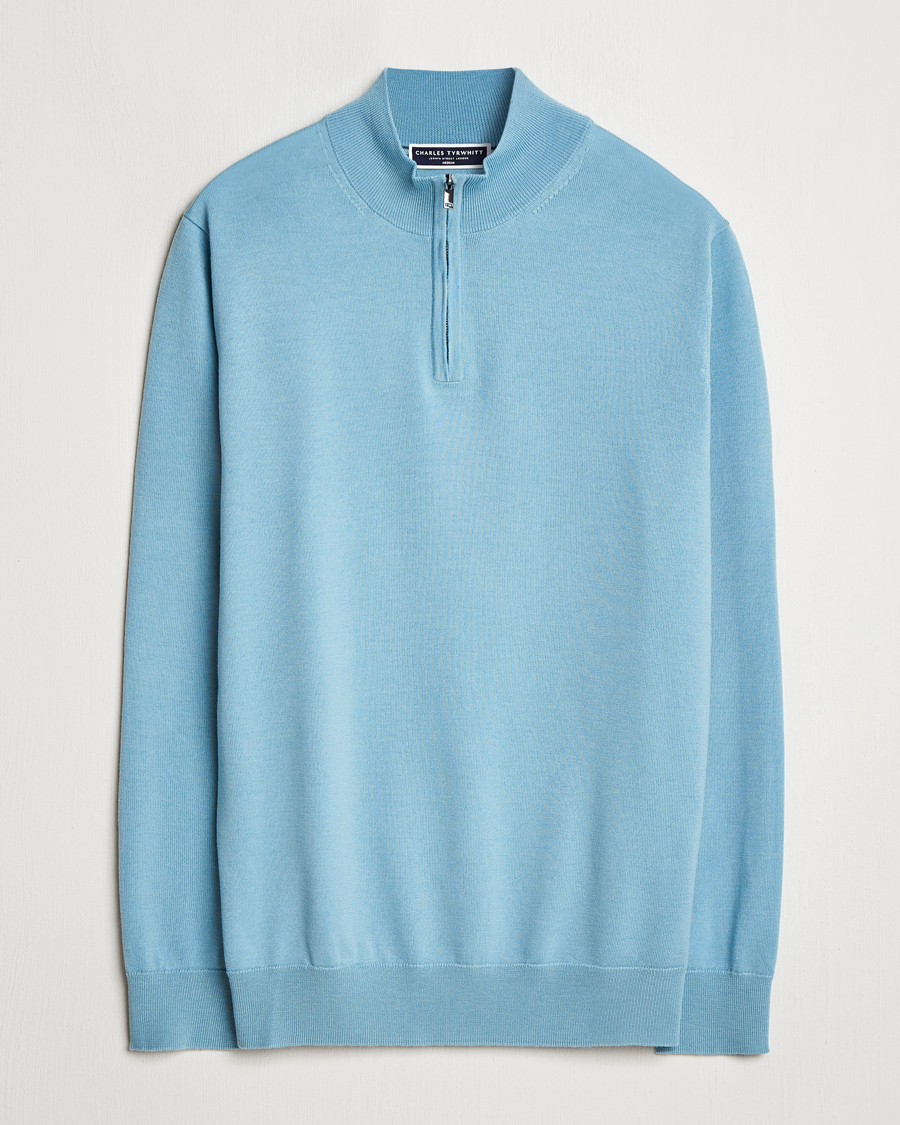 Hombres | Jerséis y prendas de punto | Charles Tyrwhitt | Pure Merino Zip Neck Jumper Aqua Green