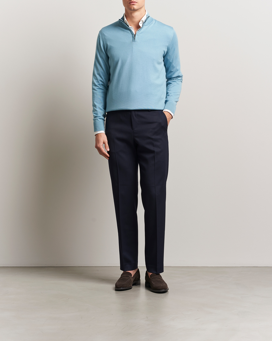 Hombres | Jerséis y prendas de punto | Charles Tyrwhitt | Pure Merino Zip Neck Jumper Aqua Green