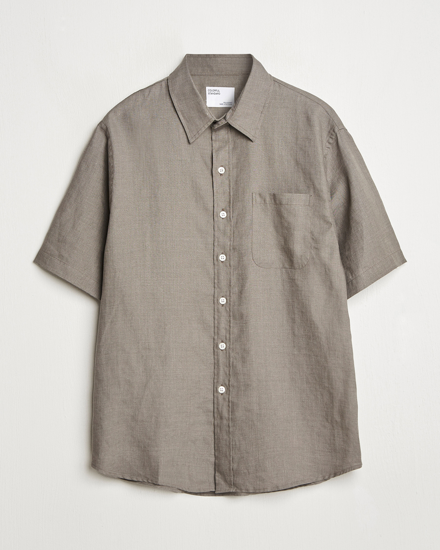 Hombres | Camisas | Colorful Standard | Garment Dyed Linen Short Sleeve Shirt Dusty Olive