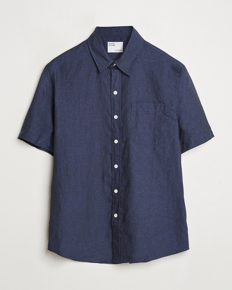Hombres | Camisas | Colorful Standard | Garment Dyed Linen Short Sleeve Shirt Navy Blue