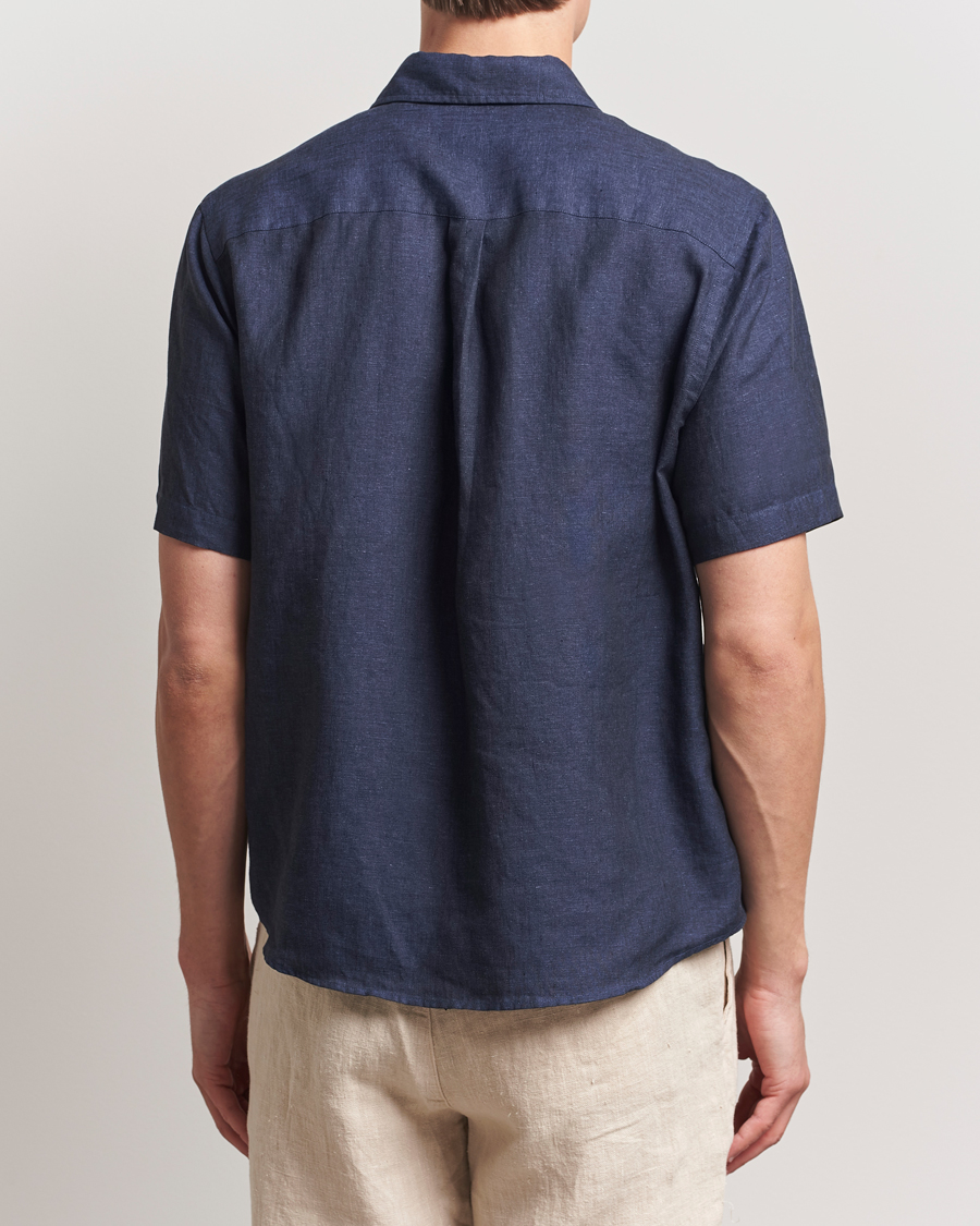 Hombres | Camisas | Colorful Standard | Garment Dyed Linen Short Sleeve Shirt Navy Blue