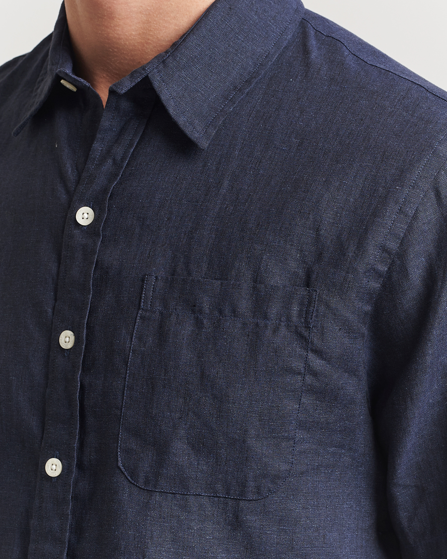 Hombres | Camisas | Colorful Standard | Garment Dyed Linen Short Sleeve Shirt Navy Blue
