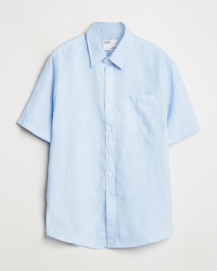 Hombres | Camisas | Colorful Standard | Garment Dyed Linen Short Sleeve Shirt Polar Blue