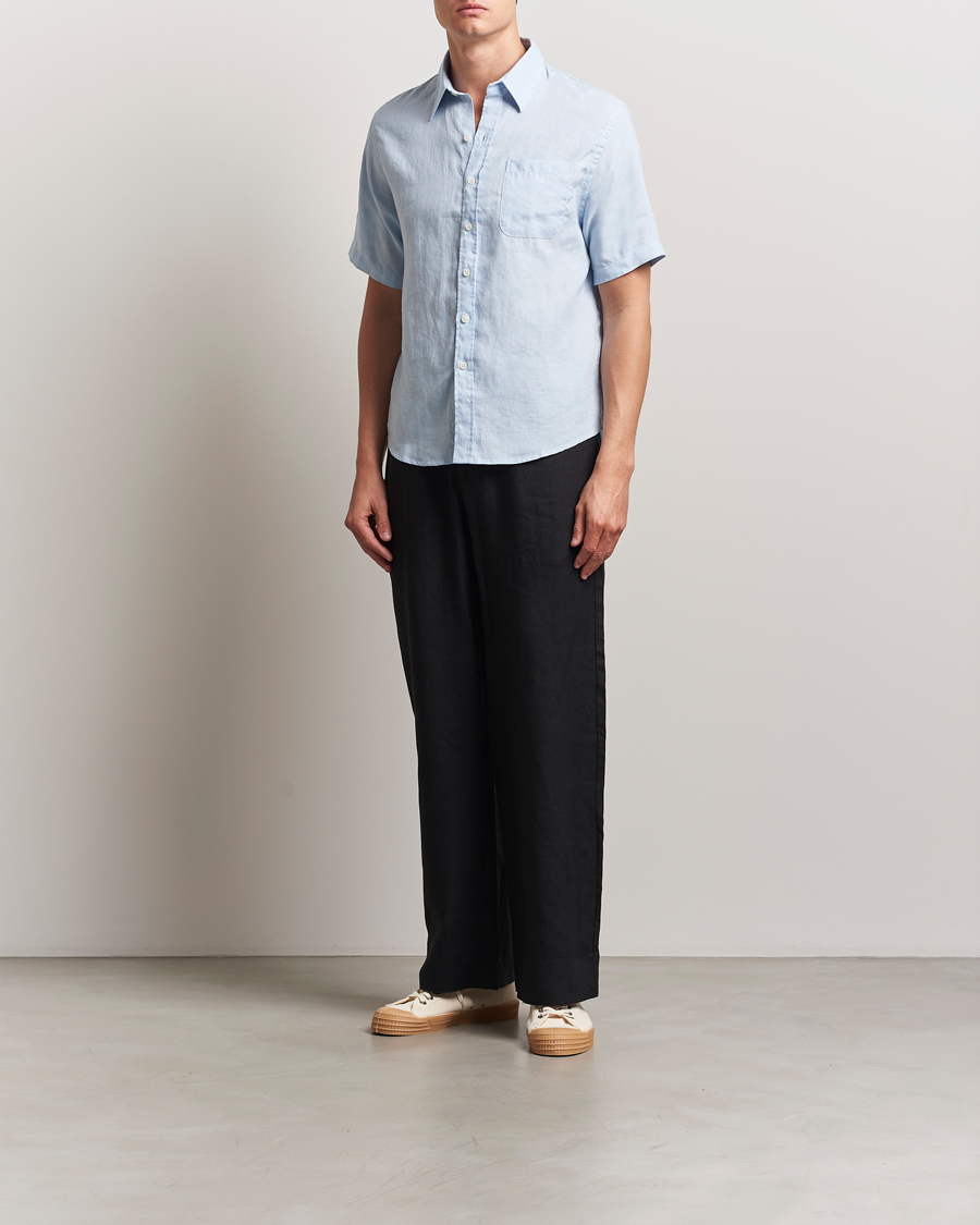 Hombres | Camisas | Colorful Standard | Garment Dyed Linen Short Sleeve Shirt Polar Blue