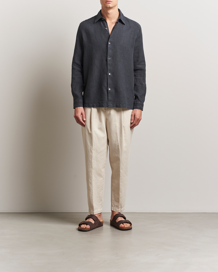 Hombres | Camisas | A Day's March | Clean Cut Linen Shirt Off Black