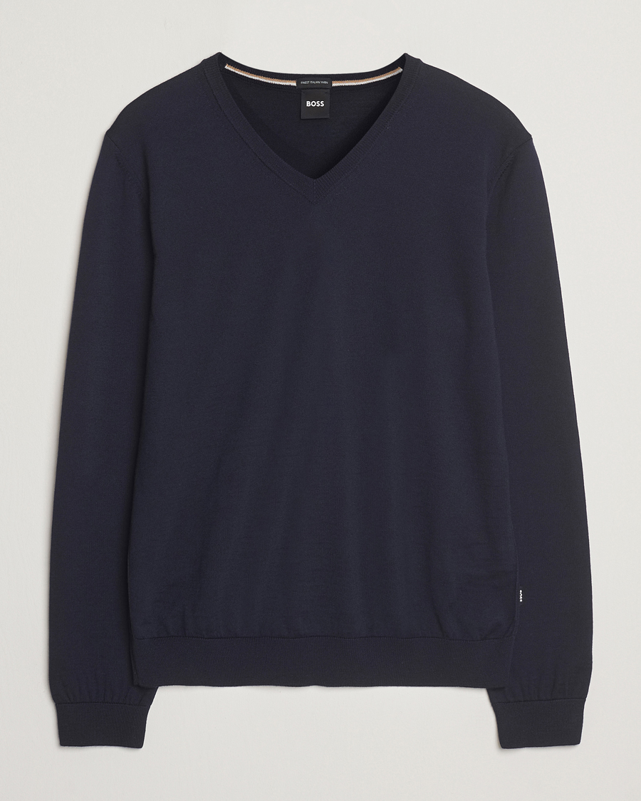 Hombres | Jerséis y prendas de punto | BOSS BLACK | Melba Wool V-Neck Pullover Dark Blue