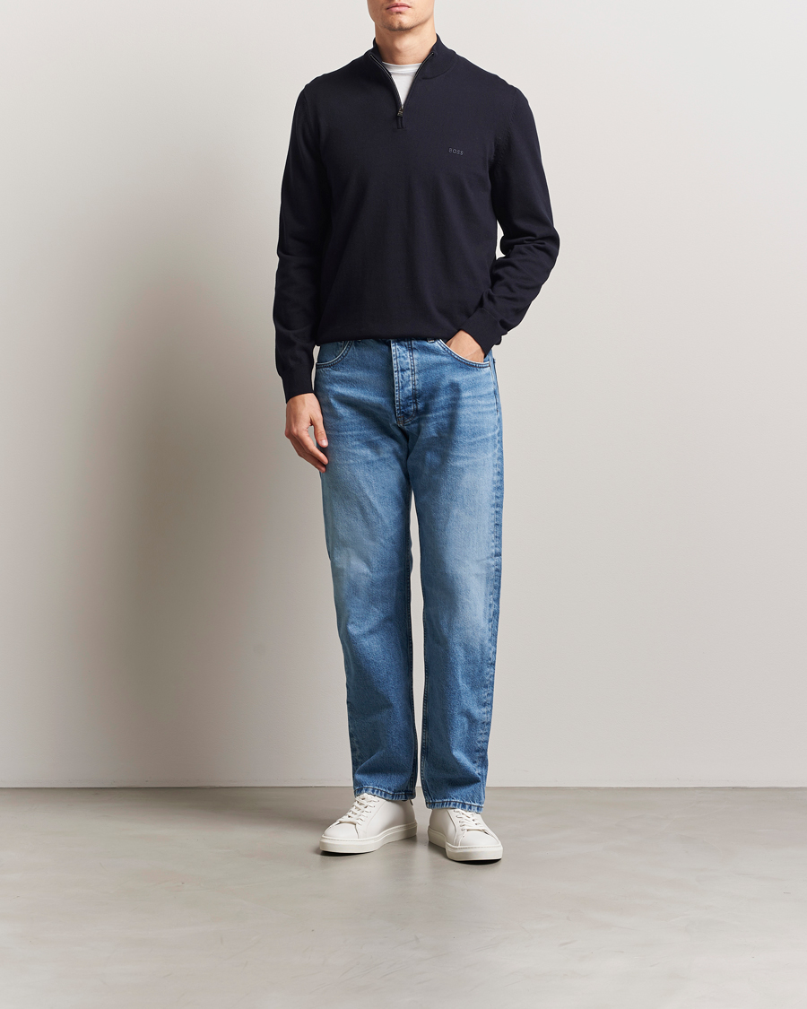 Hombres | Jerséis y prendas de punto | BOSS BLACK | Padro Cotton Knitted Half Zip Dark Blue
