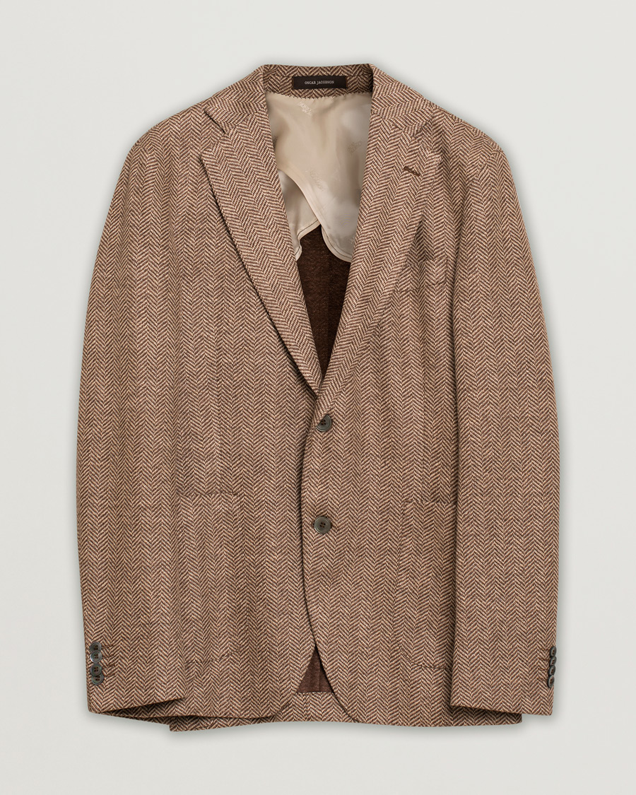 Hombres | Blazers | Pre-owned | Oscar Jacobson Egel Patch Herringbone Linen Blazer Brown